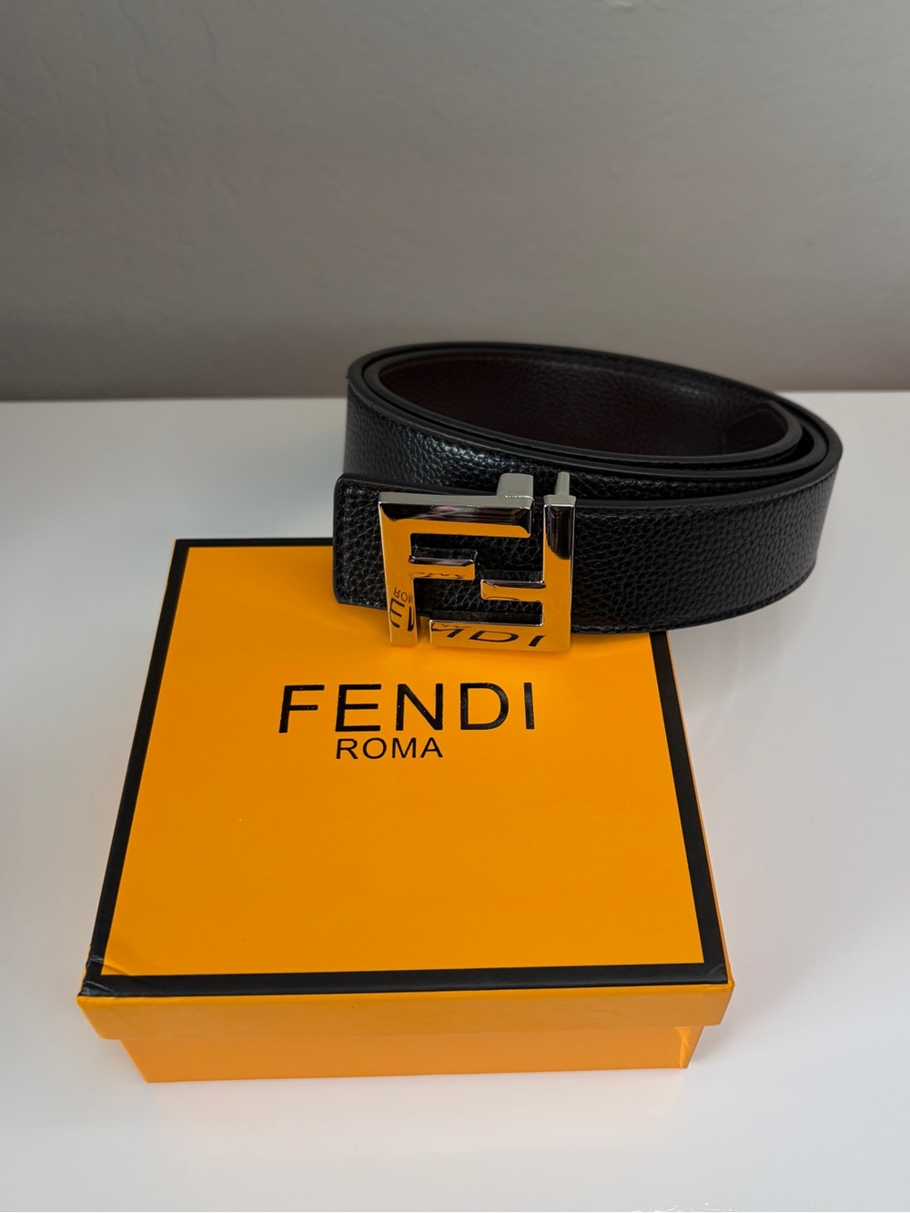 Mens Genuine Leather Black FF Belt With Silver Buckle Fits Waist 35-37